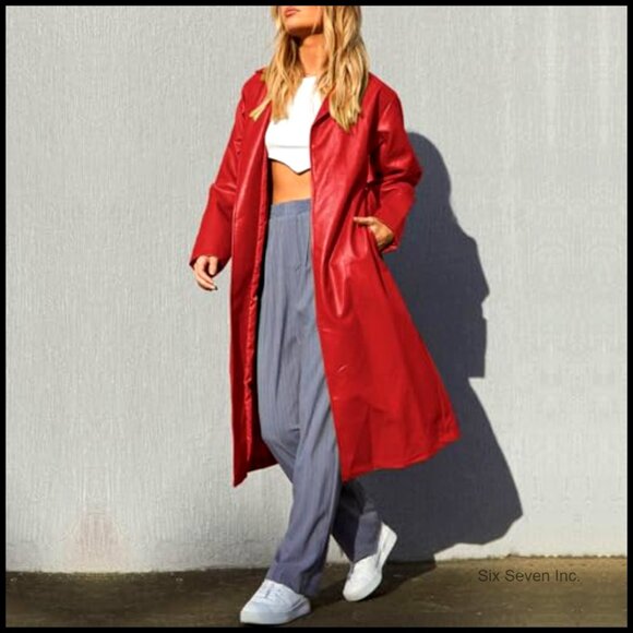 Faux Leather Trench Coat Elegant Chic Lapel Open Front Long Belted - Picture 2 of 7